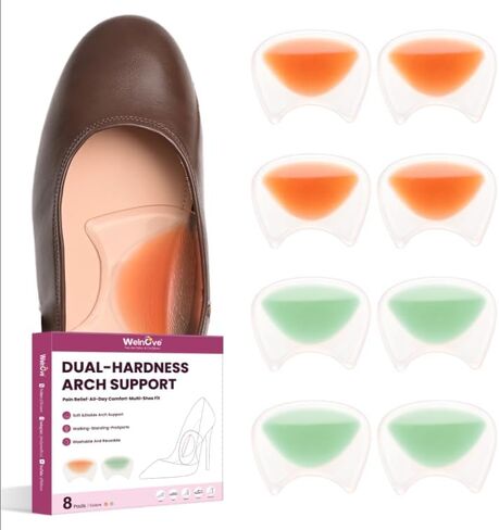 Gel Arch Support Inserts Women - Welnove Soft Cushions Arch Support for Flat Feet Plantar Fasciitis Foot Pain Fatigue Relief - Long-Lasting Adhesive Pads for Heels Sandals Flats (0.24" + 0.4" Height) in Kuwait