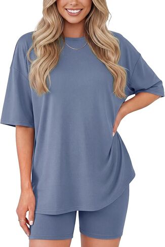 ZOOSIXX 2 Piece Sets for Women Summer - Oversized T-Shirt and Biker Shorts Lounge Sets Matching Outfit for Travel Casual in Kuwait