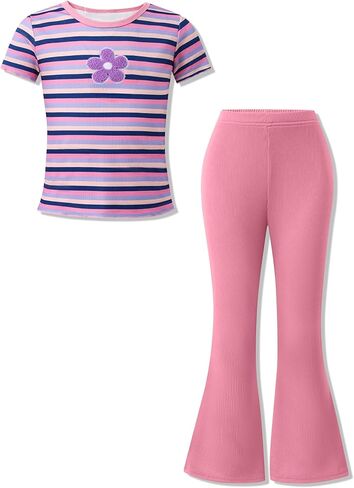 Girls 2-Piece Outfits Short Sleeve Striped Top & Flared Pants Kids Summer Clothing Set Size 5-10 Years in Saudi Arabia