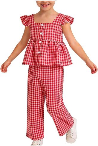 RKSTN Toddler Girls 2 Piece Outfits Cute Bowtie Fashion Plaid Sets Ruffle Tank Top and Wide Leg Bottoms Pants in Saudi Arabia