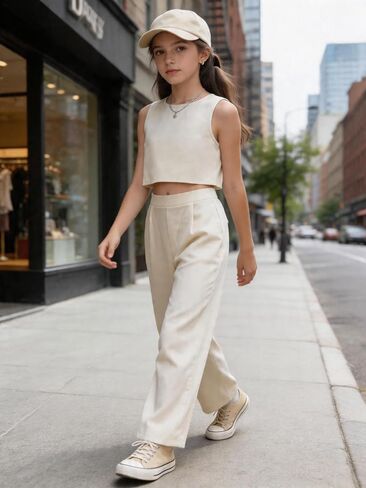Girls 2-Piece Outfit, Sleeveless Crop Tank Top & Wide Leg Pants Set, Chic Y2K Summer Casual Daily Streetwear Clothes in Kuwait