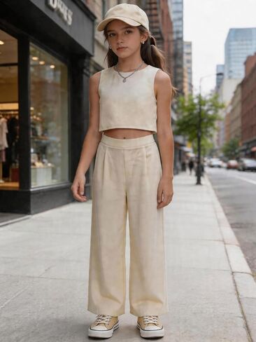 Girls 2-Piece Outfit, Sleeveless Crop Tank Top & Wide Leg Pants Set, Chic Y2K Summer Casual Daily Streetwear Clothes in Kuwait