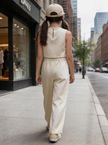 Girls 2-Piece Outfit, Sleeveless Crop Tank Top & Wide Leg Pants Set, Chic Y2K Summer Casual Daily Streetwear Clothes in Kuwait