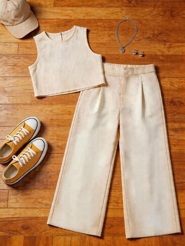Girls 2-Piece Outfit, Sleeveless Crop Tank Top & Wide Leg Pants Set, Chic Y2K Summer Casual Daily Streetwear Clothes in Kuwait