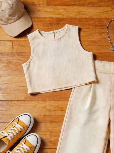 Girls 2-Piece Outfit, Sleeveless Crop Tank Top & Wide Leg Pants Set, Chic Y2K Summer Casual Daily Streetwear Clothes in Kuwait