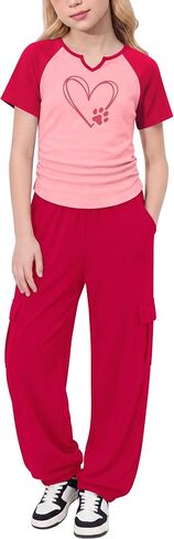 GEMLON Girls Clothes 2PCS Heart Print Long Sleeve Ruched Hem Top with Cargo Pants for 7-14Y in Saudi Arabia