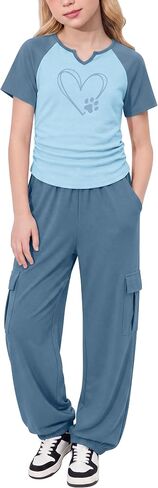GEMLON Girls Clothes 2PCS Heart Print Long Sleeve Ruched Hem Top with Cargo Pants for 7-14Y in Saudi Arabia