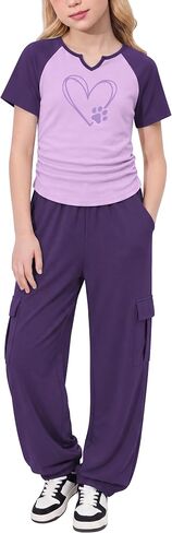 GEMLON Girls Clothes 2PCS Heart Print Long Sleeve Ruched Hem Top with Cargo Pants for 7-14Y in Saudi Arabia