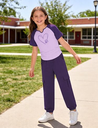 GEMLON Girls Clothes 2PCS Heart Print Long Sleeve Ruched Hem Top with Cargo Pants for 7-14Y in Saudi Arabia