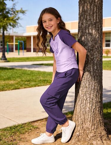 GEMLON Girls Clothes 2PCS Heart Print Long Sleeve Ruched Hem Top with Cargo Pants for 7-14Y in Saudi Arabia