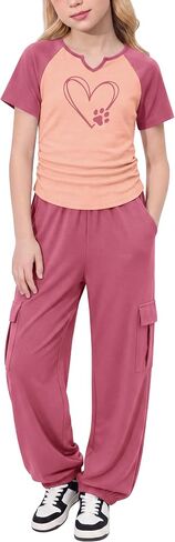 GEMLON Girls Clothes 2PCS Heart Print Long Sleeve Ruched Hem Top with Cargo Pants for 7-14Y in Saudi Arabia