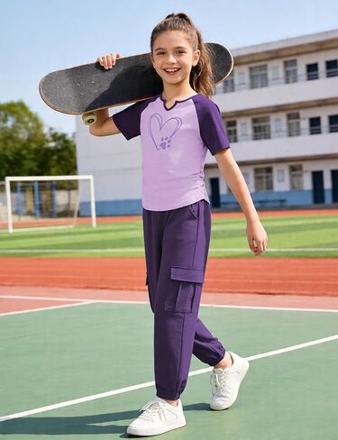 GEMLON Girls Clothes 2PCS Heart Print Long Sleeve Ruched Hem Top with Cargo Pants for 7-14Y in Saudi Arabia