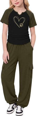 GEMLON Girls Clothes 2PCS Heart Print Long Sleeve Ruched Hem Top with Cargo Pants for 7-14Y in Saudi Arabia