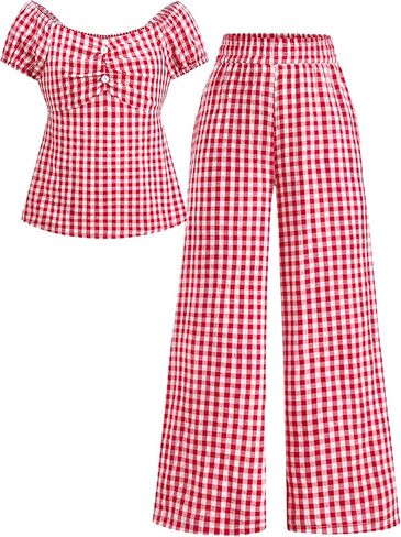 Summer Clothes for Girls 2 Piece Outfits Puff Sleeve Smocked Top Wide Leg Pants Red Gingham Clothing Sets Size 8-12 in Saudi Arabia