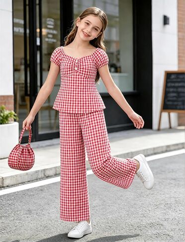 Summer Clothes for Girls 2 Piece Outfits Puff Sleeve Smocked Top Wide Leg Pants Red Gingham Clothing Sets Size 8-12 in Saudi Arabia