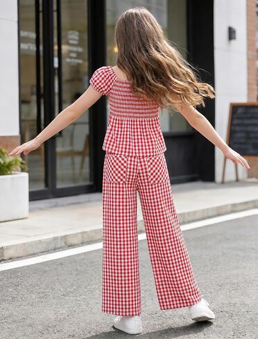 Summer Clothes for Girls 2 Piece Outfits Puff Sleeve Smocked Top Wide Leg Pants Red Gingham Clothing Sets Size 8-12 in Saudi Arabia