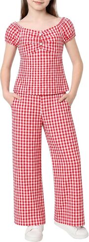 Summer Clothes for Girls 2 Piece Outfits Puff Sleeve Smocked Top Wide Leg Pants Red Gingham Clothing Sets Size 8-12 in Saudi Arabia