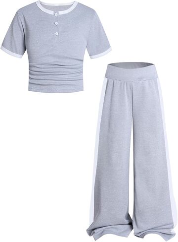 Girls 2 Piece Outfits Ruched Short Sleeve Top with Wide Leg Pants Casual Set Tween Girls Clothes, Size 7-14 Years in Kuwait