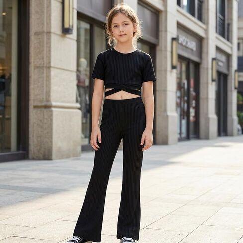 Girls' 2-Piece Ribbed Outfit – Tie Back Crop Top & Flare Pants Set for 8-14Y Tween Girls Casual & Dressy Wear in Kuwait