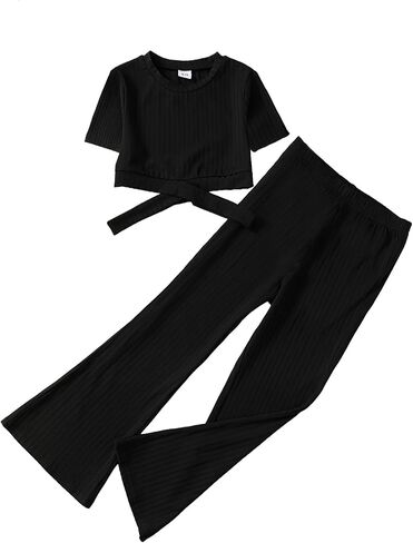Girls' 2-Piece Ribbed Outfit – Tie Back Crop Top & Flare Pants Set for 8-14Y Tween Girls Casual & Dressy Wear in Kuwait