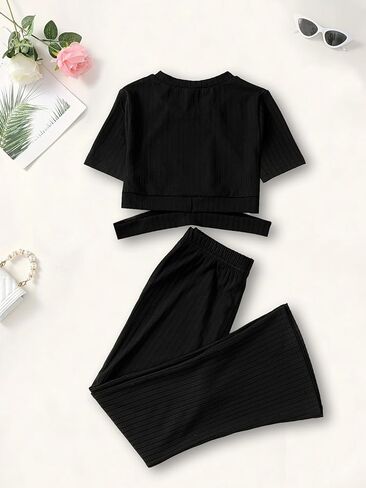 Girls' 2-Piece Ribbed Outfit – Tie Back Crop Top & Flare Pants Set for 8-14Y Tween Girls Casual & Dressy Wear in Kuwait
