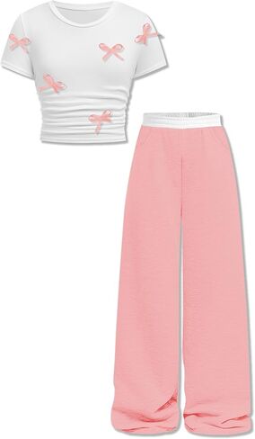 Girls Clothes Bow Short Sleeve T-shirts Top with Wide Leg Pants Set Casual Summer Clothes for Girls 7-16 Years in Saudi Arabia