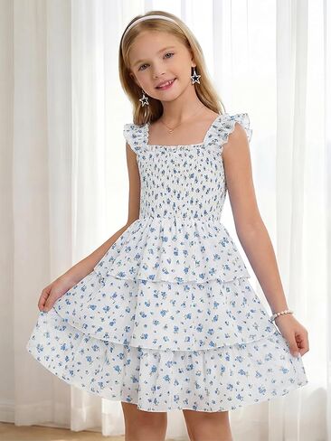 Cubear Girls Summer Floral Dress with Tiered Ruffle Skirt and Flutter Sleeves - Summer Smocked Sundress for Girls 9-13 Years in Kuwait