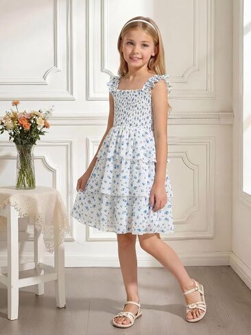 Cubear Girls Summer Floral Dress with Tiered Ruffle Skirt and Flutter Sleeves - Summer Smocked Sundress for Girls 9-13 Years in Kuwait