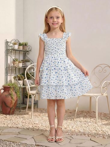 Cubear Girls Summer Floral Dress with Tiered Ruffle Skirt and Flutter Sleeves - Summer Smocked Sundress for Girls 9-13 Years in Kuwait