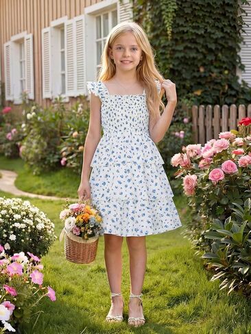Cubear Girls Summer Floral Dress with Tiered Ruffle Skirt and Flutter Sleeves - Summer Smocked Sundress for Girls 9-13 Years in Kuwait