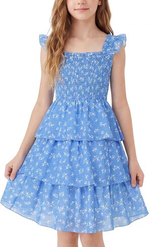 Cubear Girls Summer Floral Dress with Tiered Ruffle Skirt and Flutter Sleeves - Summer Smocked Sundress for Girls 9-13 Years in Kuwait
