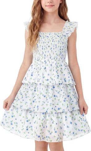 Cubear Girls Summer Floral Dress with Tiered Ruffle Skirt and Flutter Sleeves - Summer Smocked Sundress for Girls 9-13 Years in Kuwait