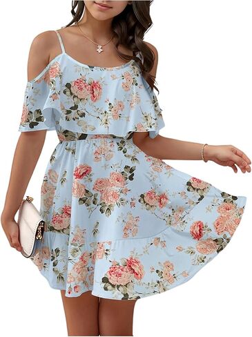 SOLY HUX Girl's Summer Floral Dress Cold Shoulder Spaghetti Strap Ruffle A Line Flowy Cami Short Dresses Boho Sundress in Kuwait