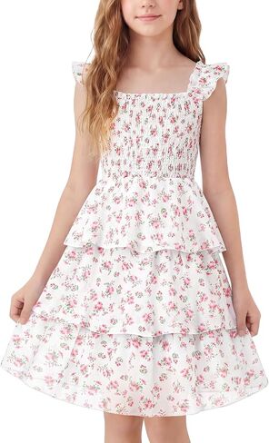 Cubear Girls Summer Floral Dress with Tiered Ruffle Skirt and Flutter Sleeves - Summer Smocked Sundress for Girls 9-13 Years in Kuwait