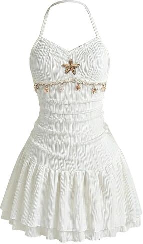 BEAUDRM Girl's Starfish Summer Dress Halter Cute Dress Mini Ruffle Sundresses Vacation Outfits in Kuwait
