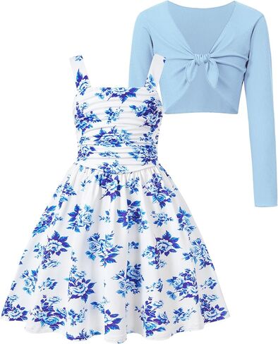 Enlifety 5-12Y Girls Casual Dress Wide Straps Ruched Dresses and Long Sleeve Tie Knot Cardigan Sets in Kuwait