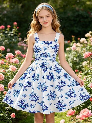 Enlifety 5-12Y Girls Casual Dress Wide Straps Ruched Dresses and Long Sleeve Tie Knot Cardigan Sets in Kuwait