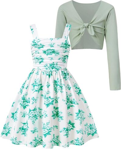 Enlifety 5-12Y Girls Casual Dress Wide Straps Ruched Dresses and Long Sleeve Tie Knot Cardigan Sets in Kuwait