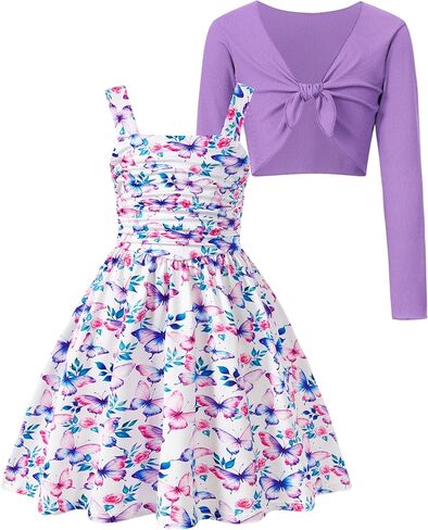 Enlifety 5-12Y Girls Casual Dress Wide Straps Ruched Dresses and Long Sleeve Tie Knot Cardigan Sets in Kuwait