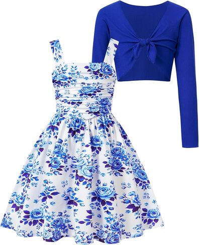 Enlifety 5-12Y Girls Casual Dress Wide Straps Ruched Dresses and Long Sleeve Tie Knot Cardigan Sets in Kuwait