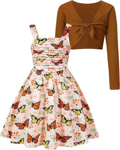Enlifety 5-12Y Girls Casual Dress Wide Straps Ruched Dresses and Long Sleeve Tie Knot Cardigan Sets in Kuwait