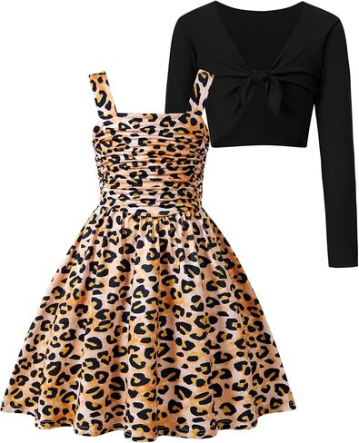 Enlifety 5-12Y Girls Casual Dress Wide Straps Ruched Dresses and Long Sleeve Tie Knot Cardigan Sets in Kuwait
