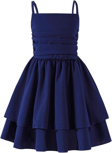 5-14Y Plus Size Girl Spaghetti Strap Dress Ruched Smocked Back with Pockets Layer Ruffle Hem Casual Dress for Kids in Saudi Arabia