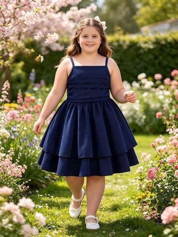 5-14Y Plus Size Girl Spaghetti Strap Dress Ruched Smocked Back with Pockets Layer Ruffle Hem Casual Dress for Kids in Saudi Arabia
