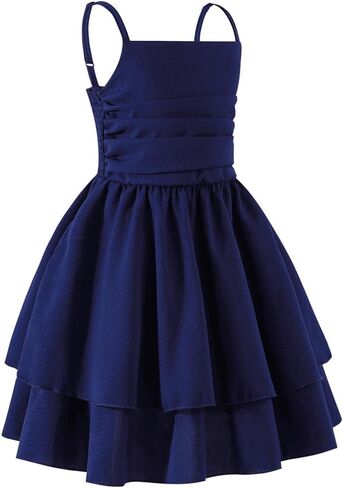 5-14Y Plus Size Girl Spaghetti Strap Dress Ruched Smocked Back with Pockets Layer Ruffle Hem Casual Dress for Kids in Saudi Arabia