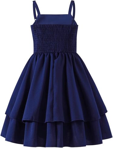5-14Y Plus Size Girl Spaghetti Strap Dress Ruched Smocked Back with Pockets Layer Ruffle Hem Casual Dress for Kids in Saudi Arabia