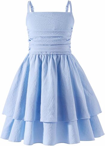 5-14Y Plus Size Girl Spaghetti Strap Dress Ruched Smocked Back with Pockets Layer Ruffle Hem Casual Dress for Kids in Saudi Arabia