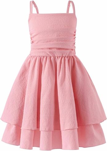 5-14Y Plus Size Girl Spaghetti Strap Dress Ruched Smocked Back with Pockets Layer Ruffle Hem Casual Dress for Kids in Saudi Arabia