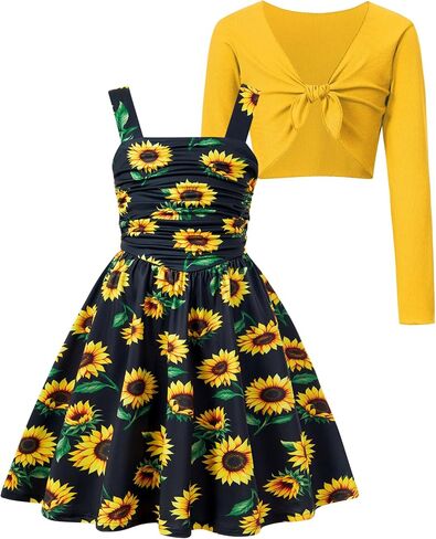 Enlifety 5-12Y Girls Casual Dress Wide Straps Ruched Dresses and Long Sleeve Tie Knot Cardigan Sets in Kuwait