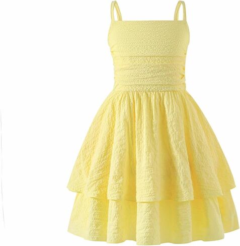 5-14Y Plus Size Girl Spaghetti Strap Dress Ruched Smocked Back with Pockets Layer Ruffle Hem Casual Dress for Kids in Saudi Arabia